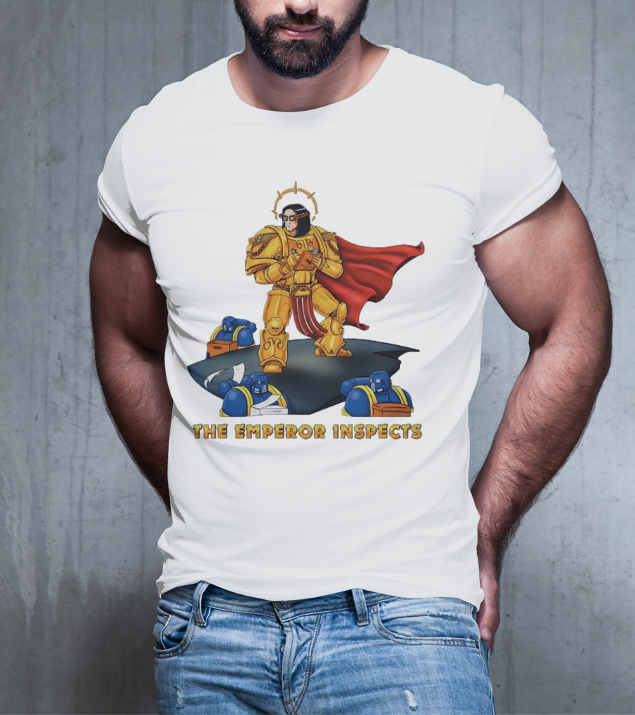 The Emperor Inspects Power Armor With Red Cape And Space Soldiers On Dark Platform T-Shirt