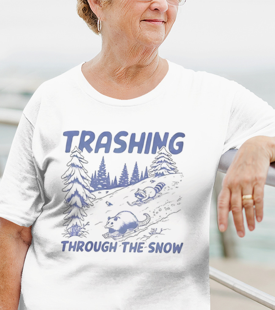 Trashing Through The Snow Hillside Opossum And Raccoon Winter Fun T-Shirt