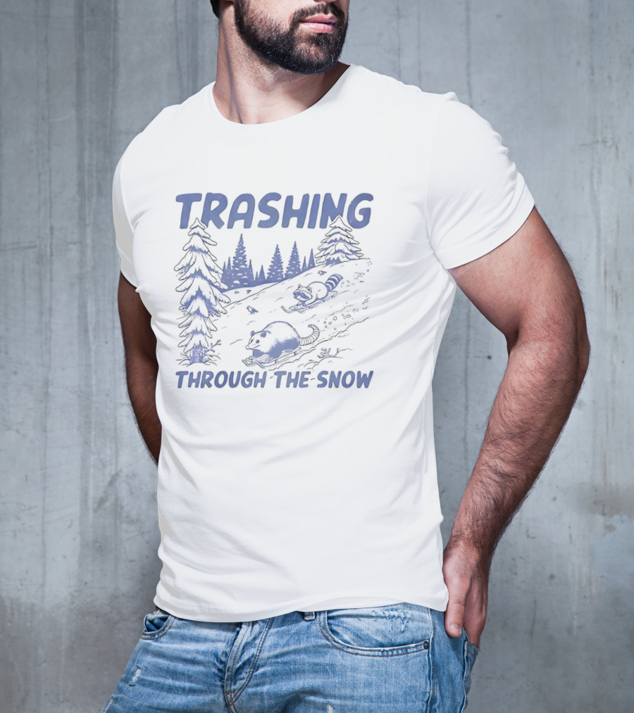 Trashing Through The Snow Hillside Opossum And Raccoon Winter Fun T-Shirt