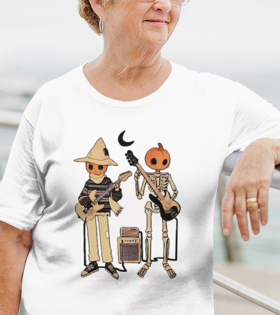 Libby Frame Pumpkin Skeleton Musicians With Crescent Moon T-Shirt