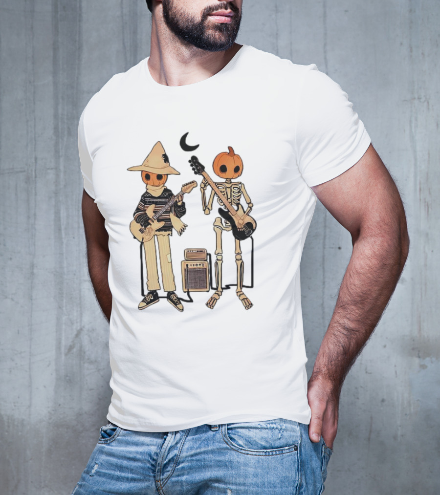 Libby Frame Pumpkin Skeleton Musicians With Crescent Moon T-Shirt