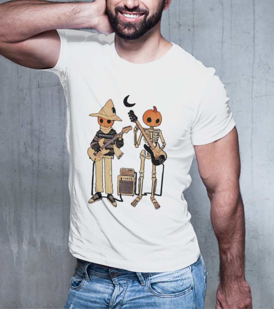 Libby Frame Pumpkin Skeleton Musicians With Crescent Moon T-Shirt