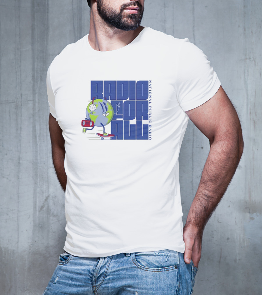 RADIO FOR ALL National Public Radio Cartoon Skateboarding Globe T-Shirt