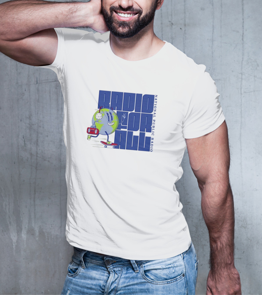 RADIO FOR ALL National Public Radio Cartoon Skateboarding Globe T-Shirt