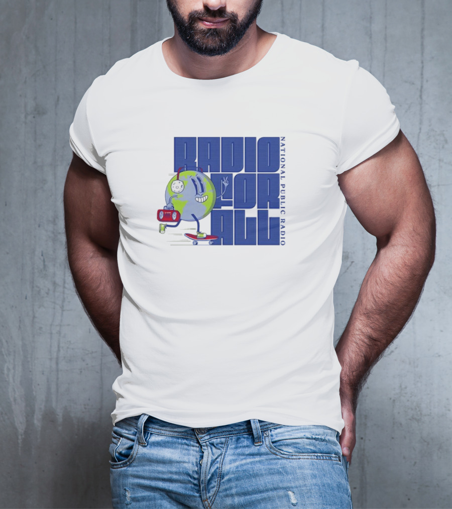 RADIO FOR ALL National Public Radio Cartoon Skateboarding Globe T-Shirt