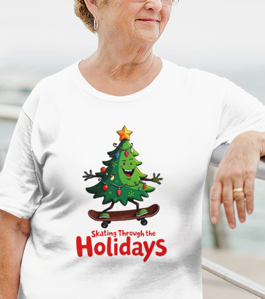 Skating Through The Holidays Christmas Tree Skateboard T-Shirt