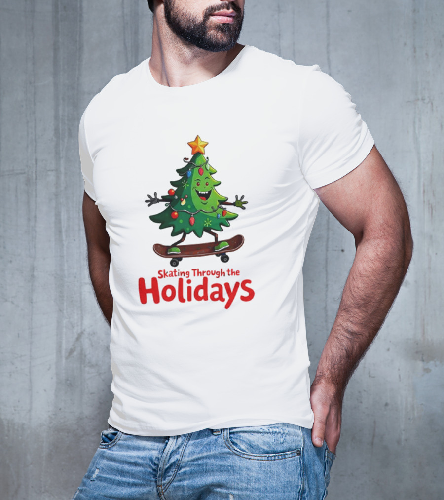 Skating Through The Holidays Christmas Tree Skateboard T-Shirt