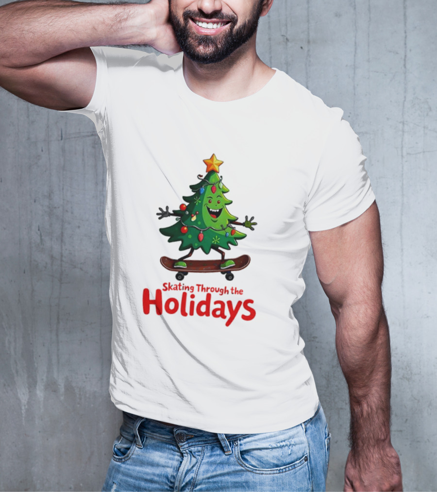 Skating Through The Holidays Christmas Tree Skateboard T-Shirt