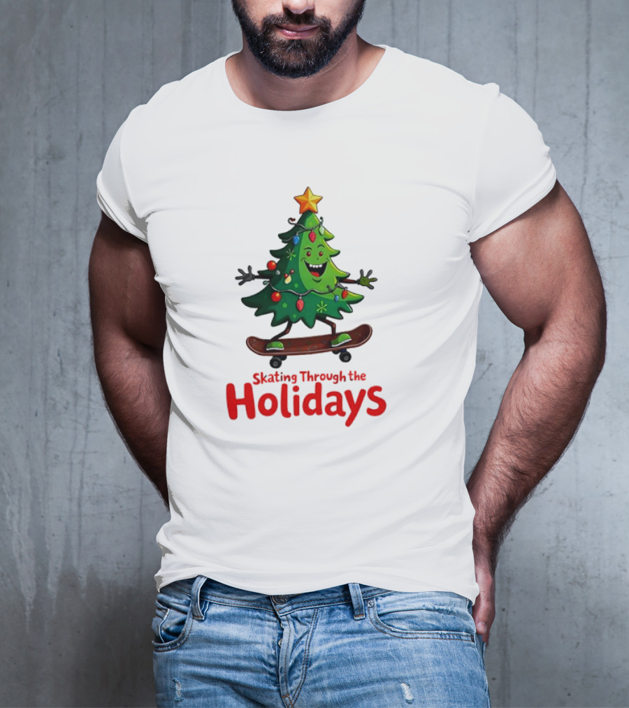Skating Through The Holidays Christmas Tree Skateboard T-Shirt