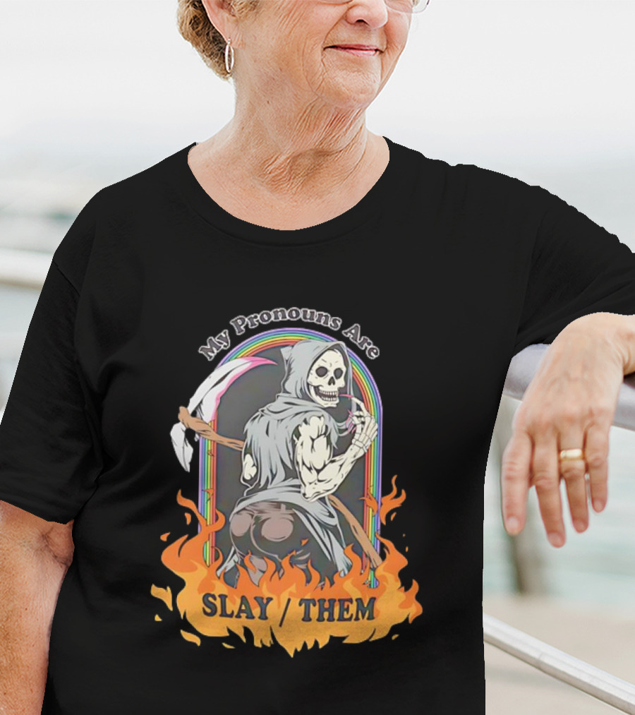 Skeleton My Pronouns Are Slay Them Cartoon Retro Rainbow Flames T-Shirt