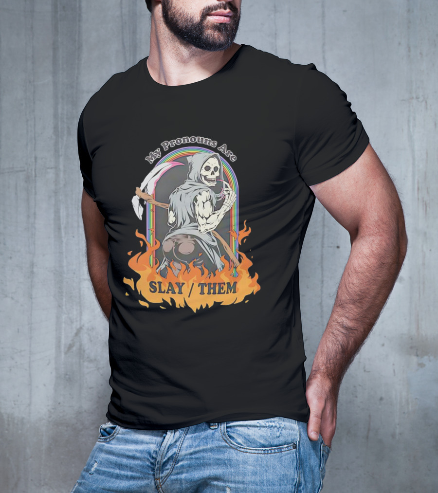 Skeleton My Pronouns Are Slay Them Cartoon Retro Rainbow Flames T-Shirt