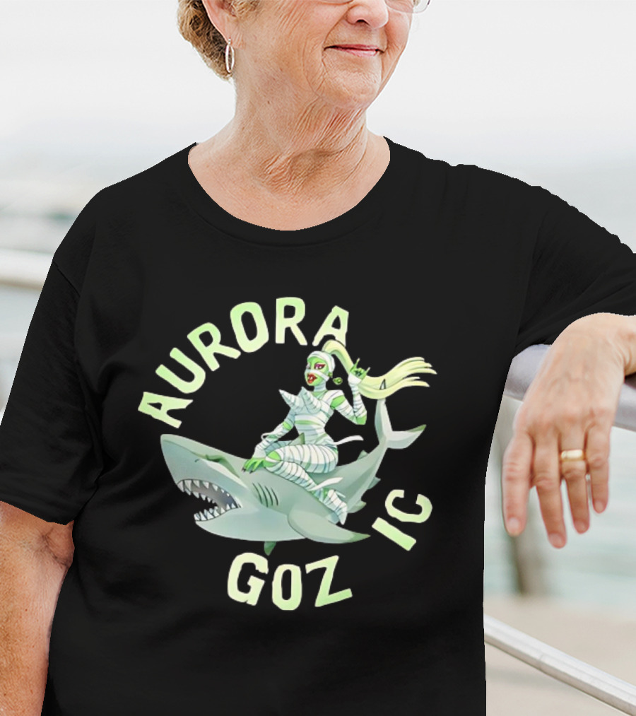 Aurora Gozmic Cartoon Mummy Riding Shark T-Shirt