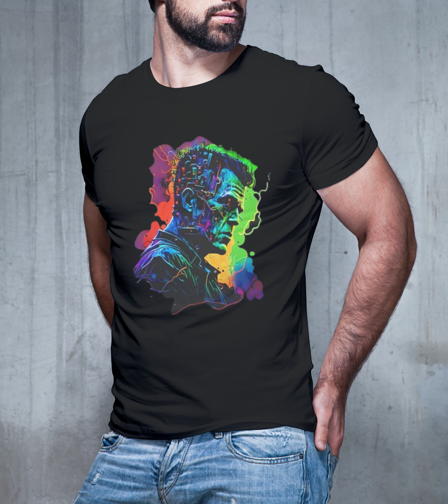 Cyberpunk Frankenstein Neon Circuit Profile T-Shirt