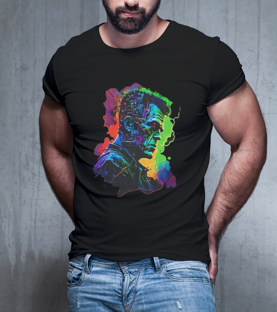 Cyberpunk Frankenstein Neon Circuit Profile T-Shirt