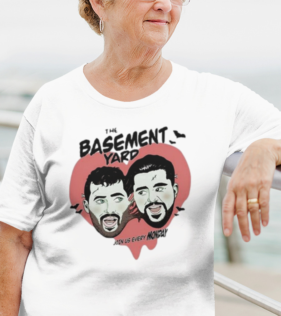The Basement Yard Join Us Every Monday Spooky Season With Two Characters And Bats T-Shirt