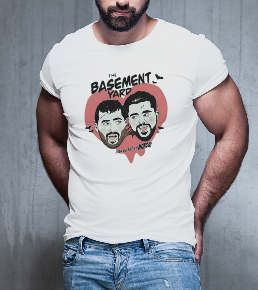 The Basement Yard Join Us Every Monday Spooky Season With Two Characters And Bats T-Shirt