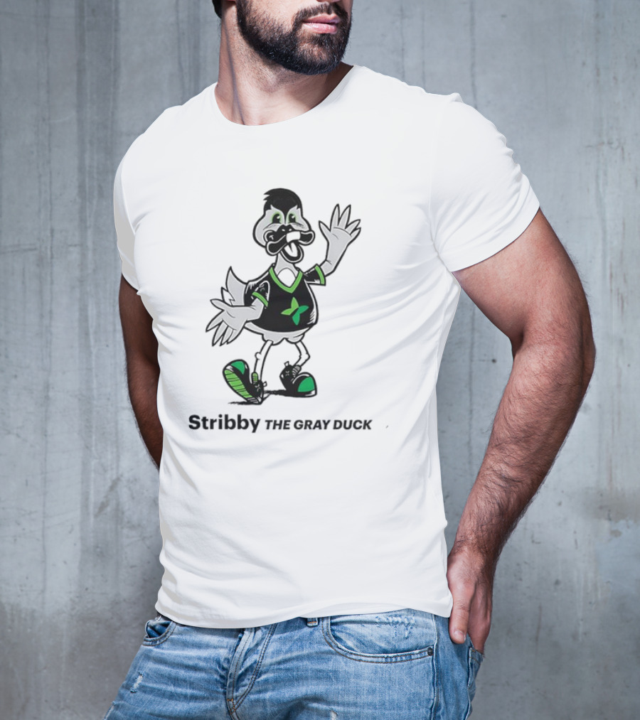 Stribby The Gray Duck Cartoon Mascot With Green And Black T-Shirt