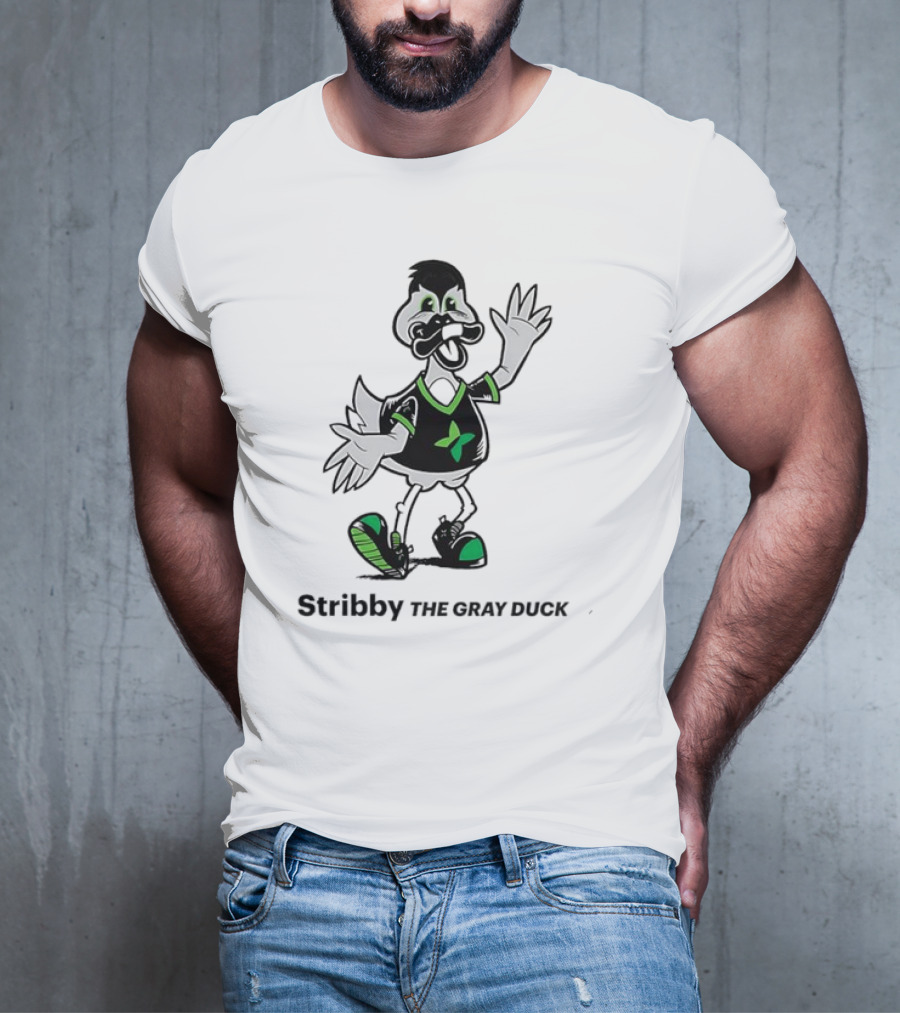 Stribby The Gray Duck Cartoon Mascot With Green And Black T-Shirt