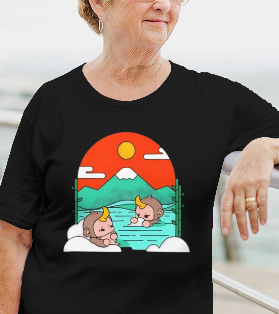 Connor Colquhoun The Tranquil Cute Monkeys In Vibrant Mountain Hot Spring Scenery With Sun And Clouds T-Shirt