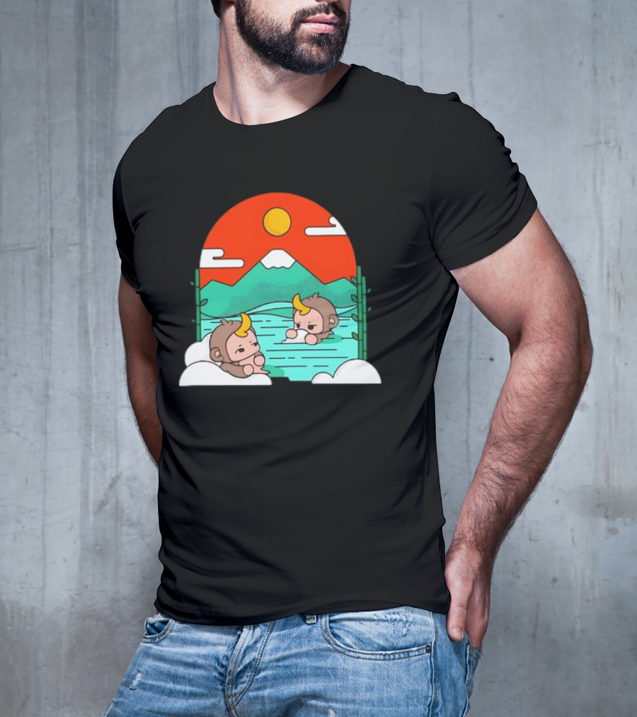 Connor Colquhoun The Tranquil Cute Monkeys In Vibrant Mountain Hot Spring Scenery With Sun And Clouds T-Shirt