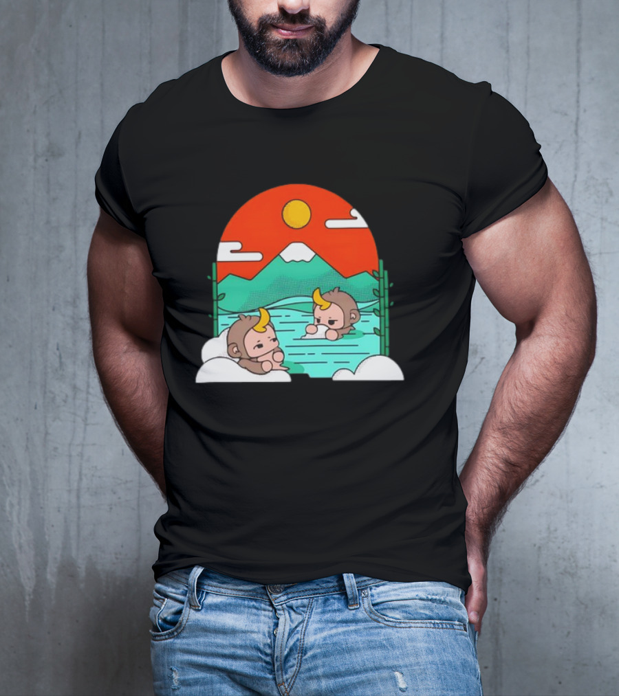 Connor Colquhoun The Tranquil Cute Monkeys In Vibrant Mountain Hot Spring Scenery With Sun And Clouds T-Shirt