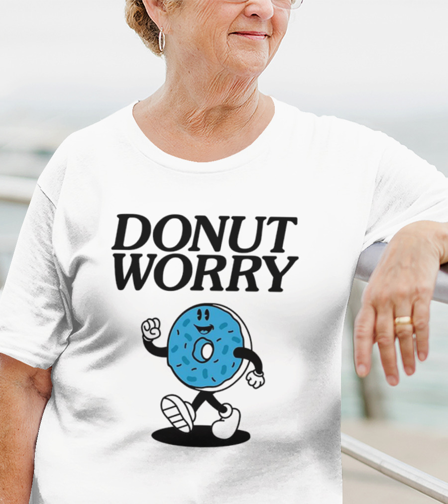 DONUT WORRY Smiley Face Walking Doughnut Character T-Shirt