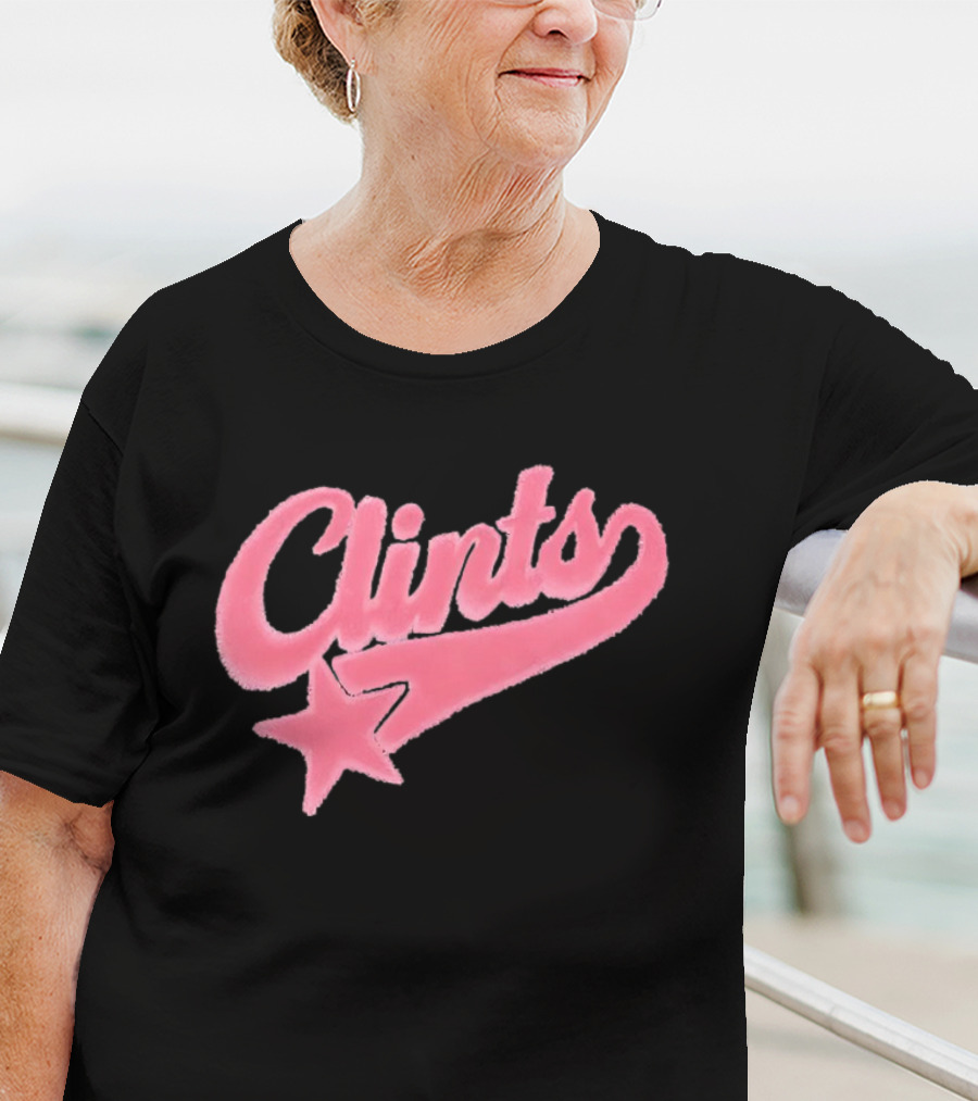 Clints Pink Fuzzy Star Script T-Shirt