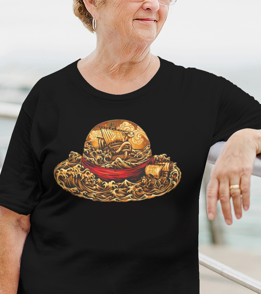 One Piece Luffy Straw Hat With Going Merry And Thousand Sunny Pirate Ships T-Shirt