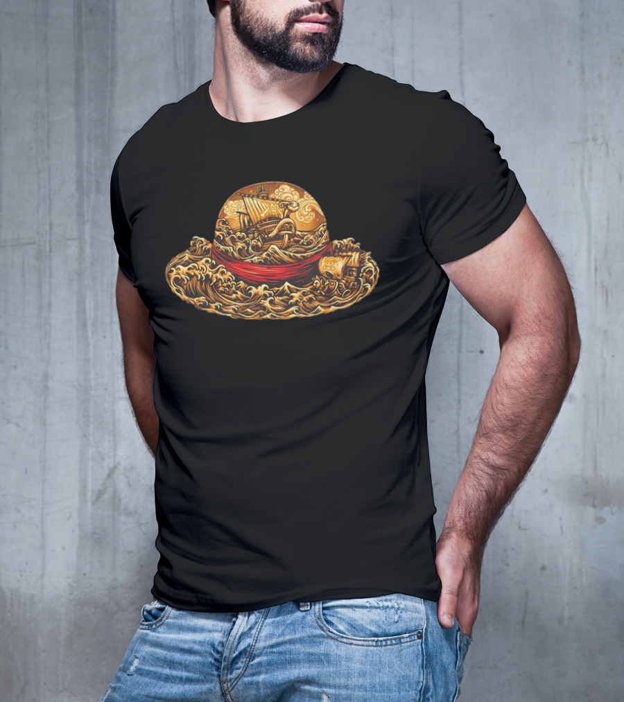 One Piece Luffy Straw Hat With Going Merry And Thousand Sunny Pirate Ships T-Shirt