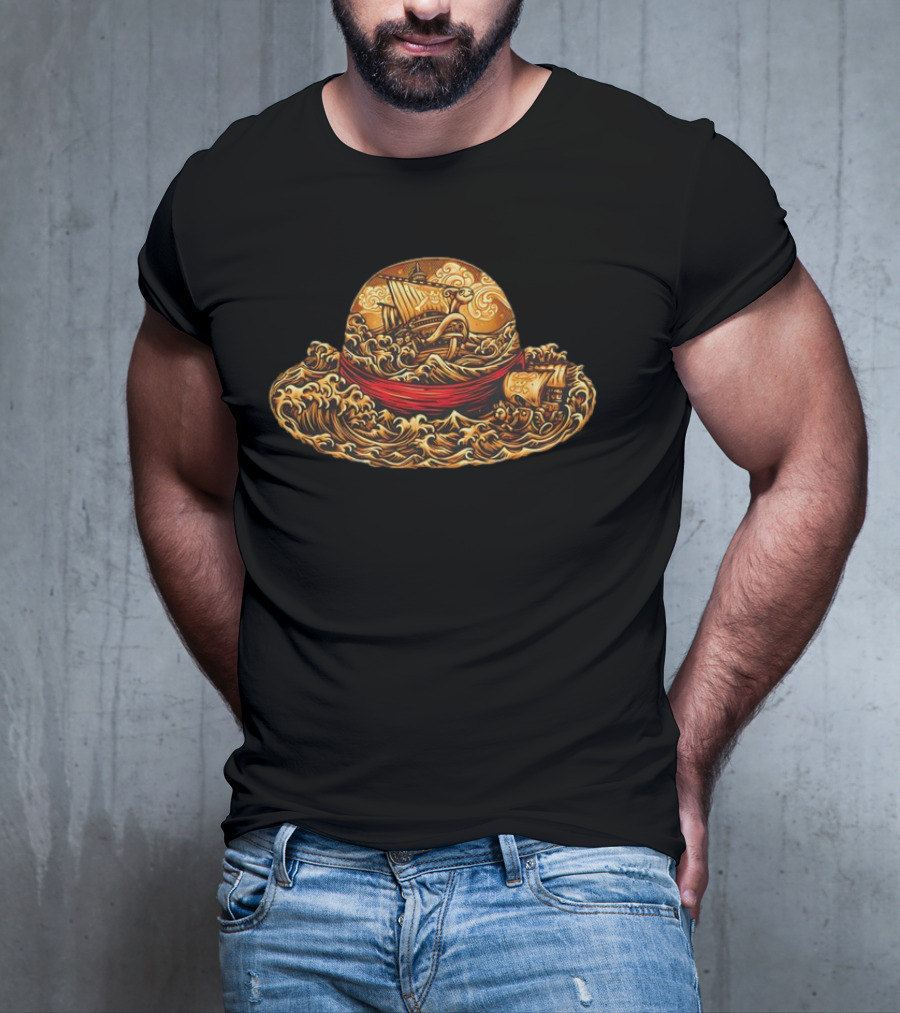 One Piece Luffy Straw Hat With Going Merry And Thousand Sunny Pirate Ships T-Shirt