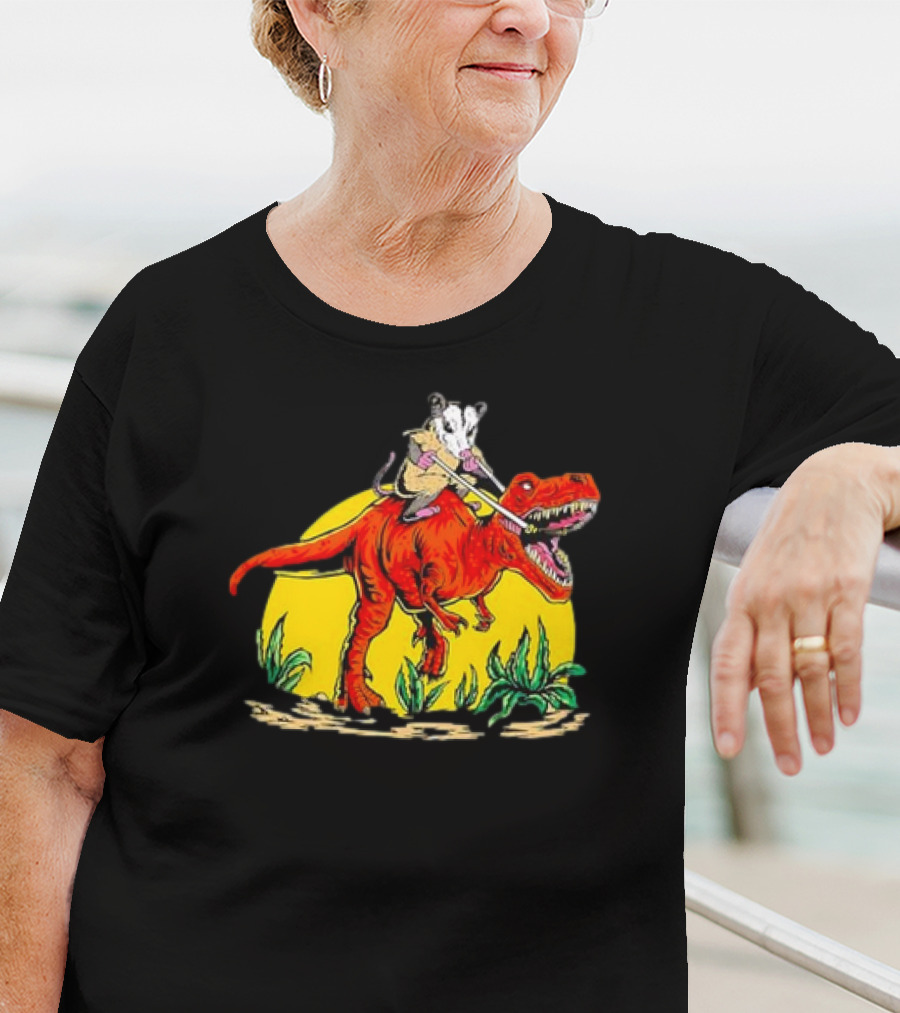 Opossum Riding T-Rex Dinosaur Retro Sunset Forest Scene T-Shirt