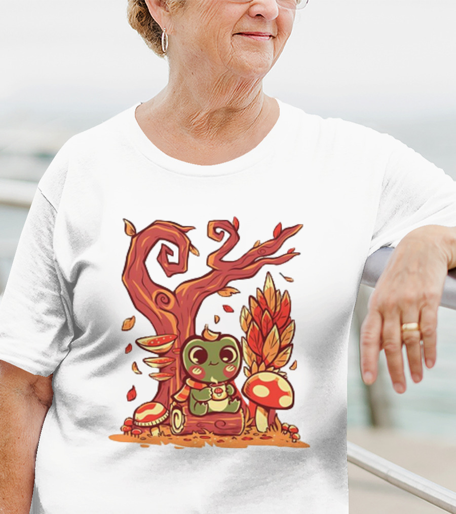 Cozy Autumn Days Cute Frog Enjoying Fall Leaves T-Shirt