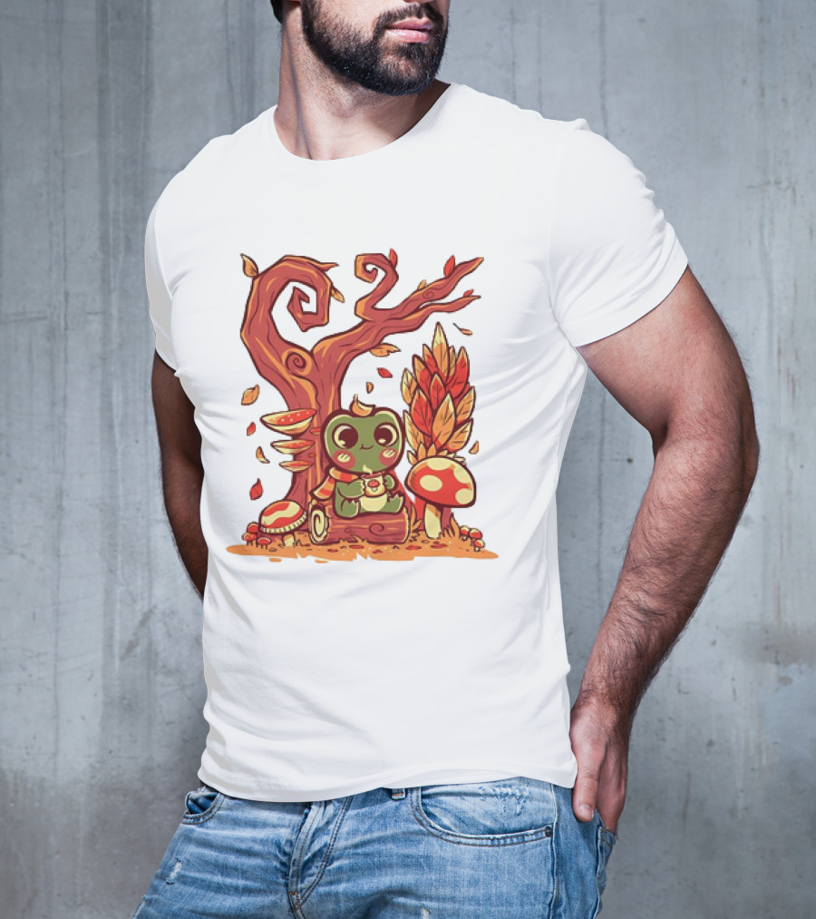 Cozy Autumn Days Cute Frog Enjoying Fall Leaves T-Shirt