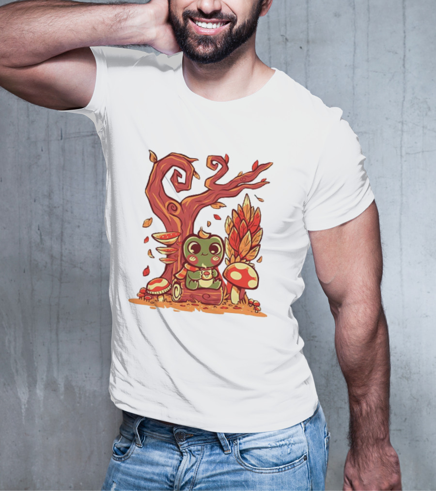 Cozy Autumn Days Cute Frog Enjoying Fall Leaves T-Shirt