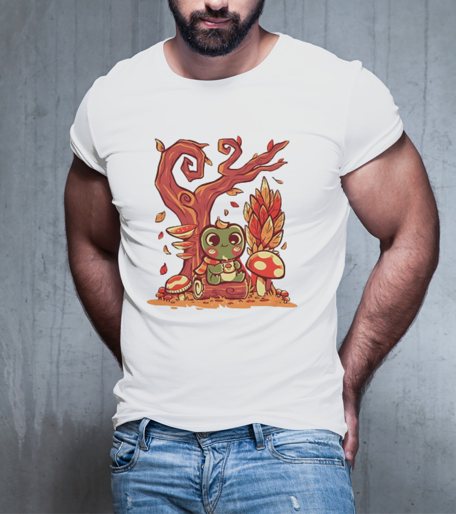 Cozy Autumn Days Cute Frog Enjoying Fall Leaves T-Shirt