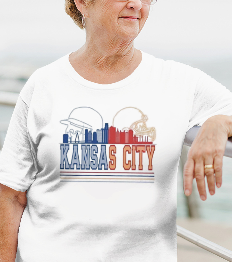 Kansas City Skyline Featuring Kansas City Chiefs Royals Helmets T-Shirt