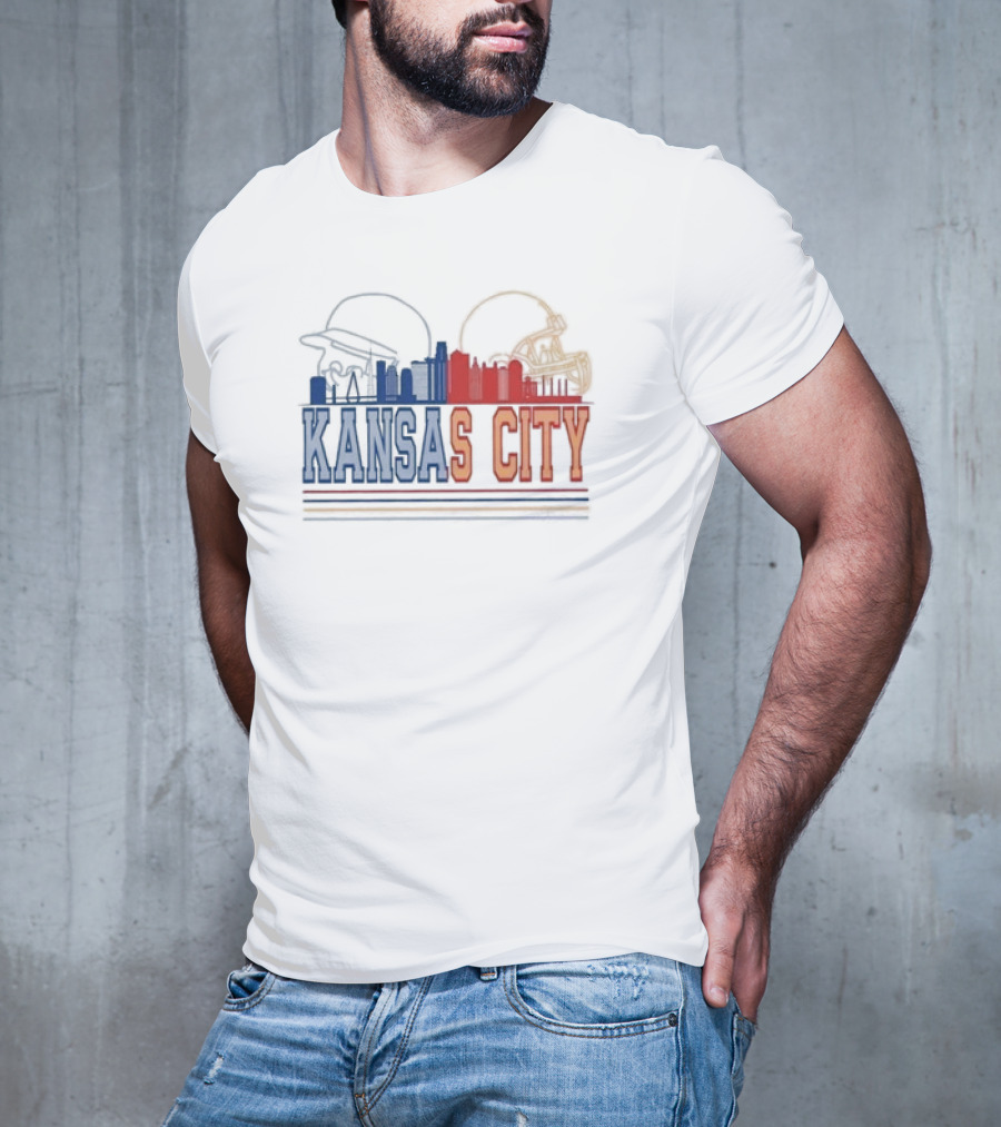 Kansas City Skyline Featuring Kansas City Chiefs Royals Helmets T-Shirt
