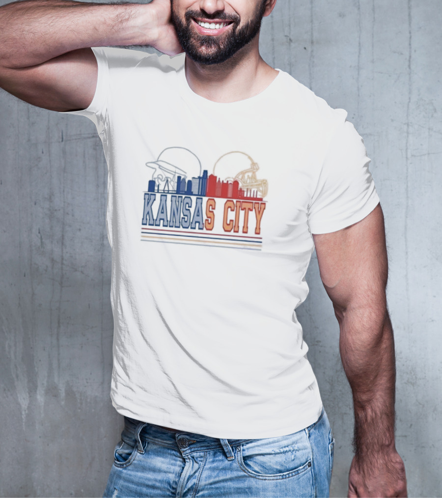 Kansas City Skyline Featuring Kansas City Chiefs Royals Helmets T-Shirt