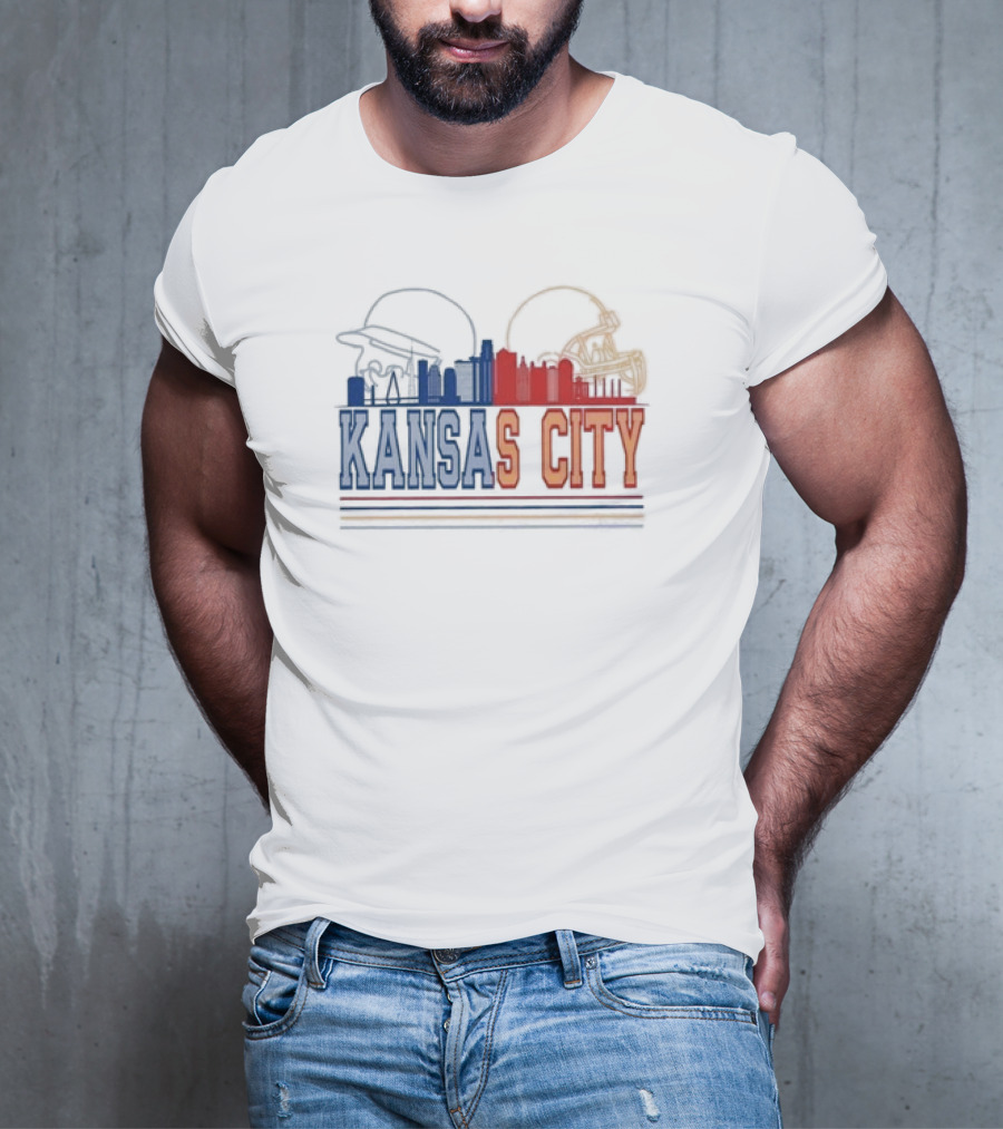 Kansas City Skyline Featuring Kansas City Chiefs Royals Helmets T-Shirt
