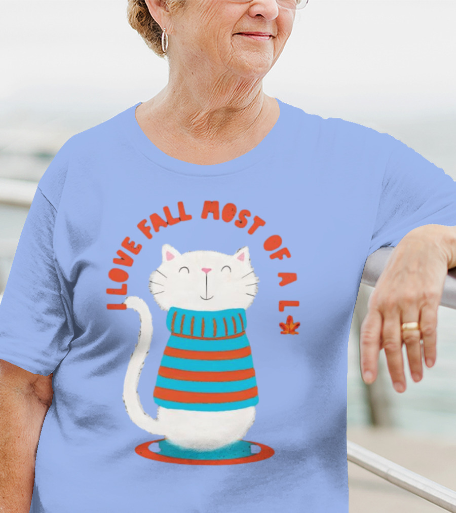 I Love Fall Most Of All Cat In Striped Sweater With Leaf T-Shirt