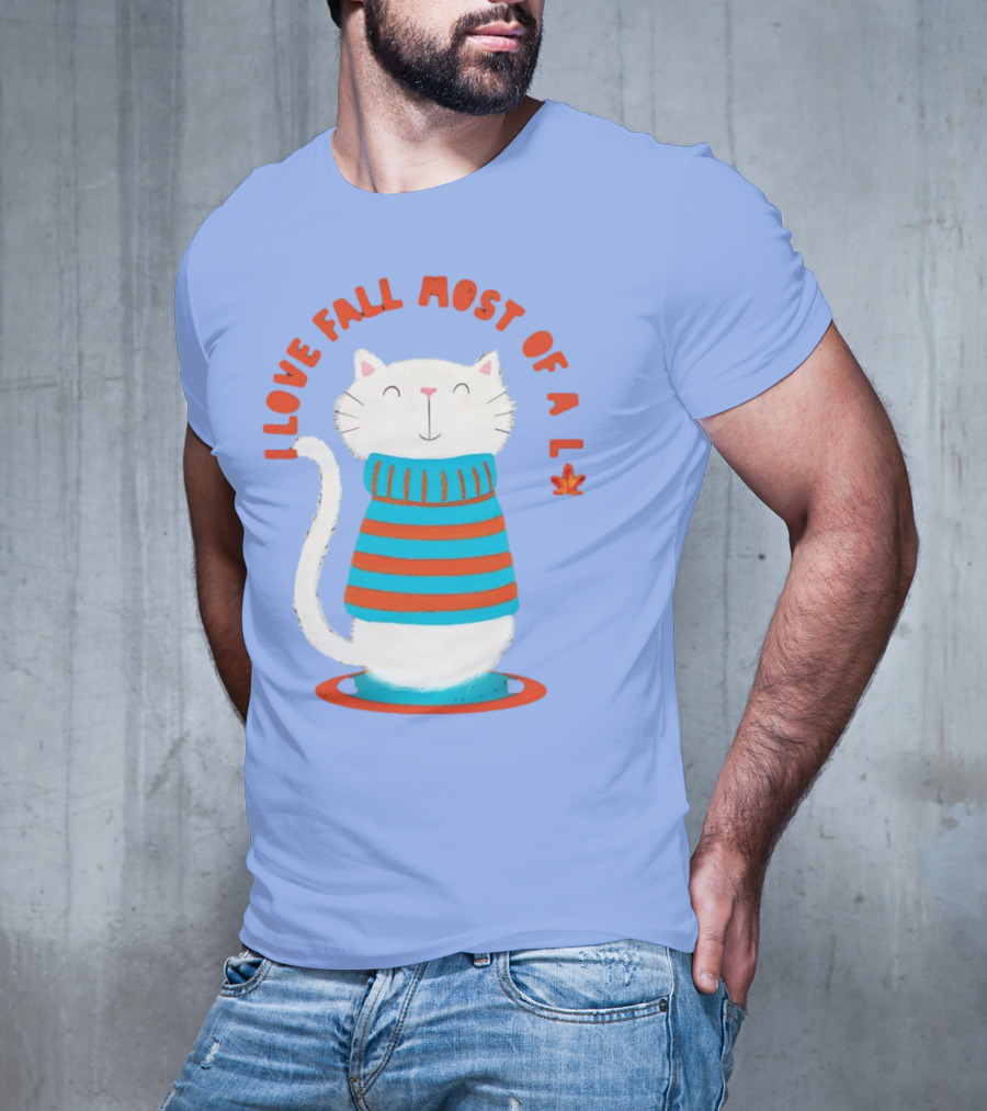 I Love Fall Most Of All Cat In Striped Sweater With Leaf T-Shirt