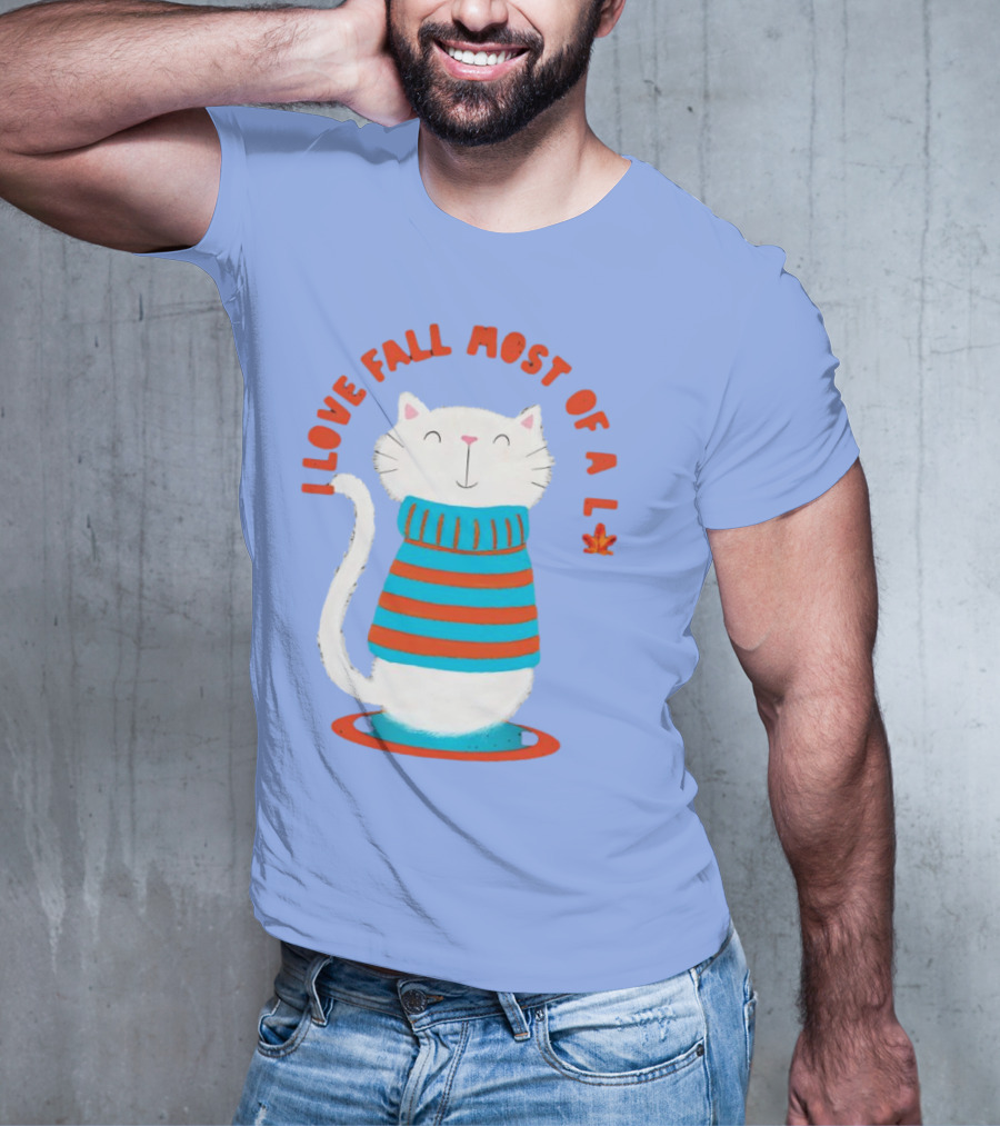 I Love Fall Most Of All Cat In Striped Sweater With Leaf T-Shirt