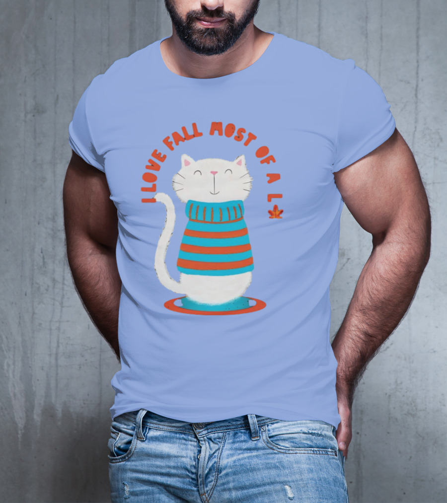 I Love Fall Most Of All Cat In Striped Sweater With Leaf T-Shirt