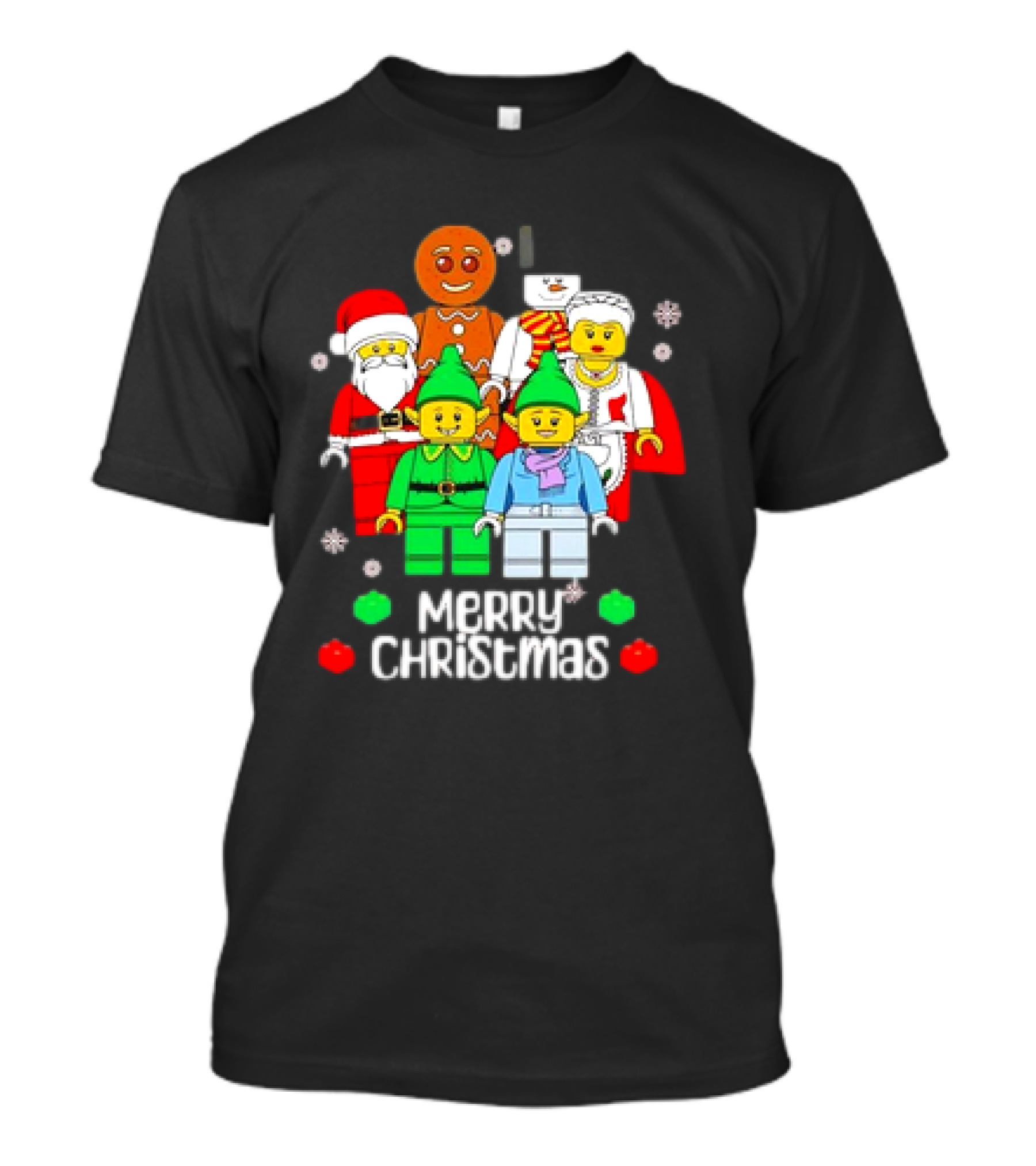 Merry Christmas Santa Elf Snowman Gingerbread Building Bricks Figures T-Shirt