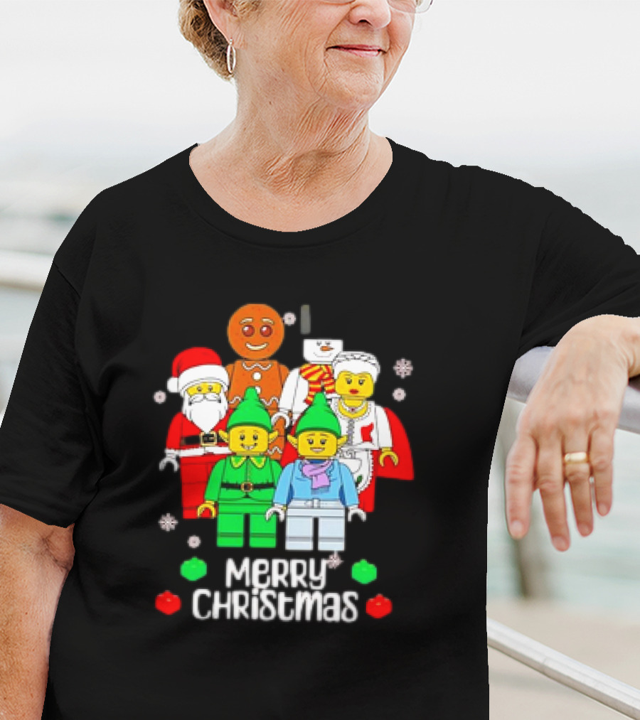 Merry Christmas Santa Elf Snowman Gingerbread Building Bricks Figures T-Shirt