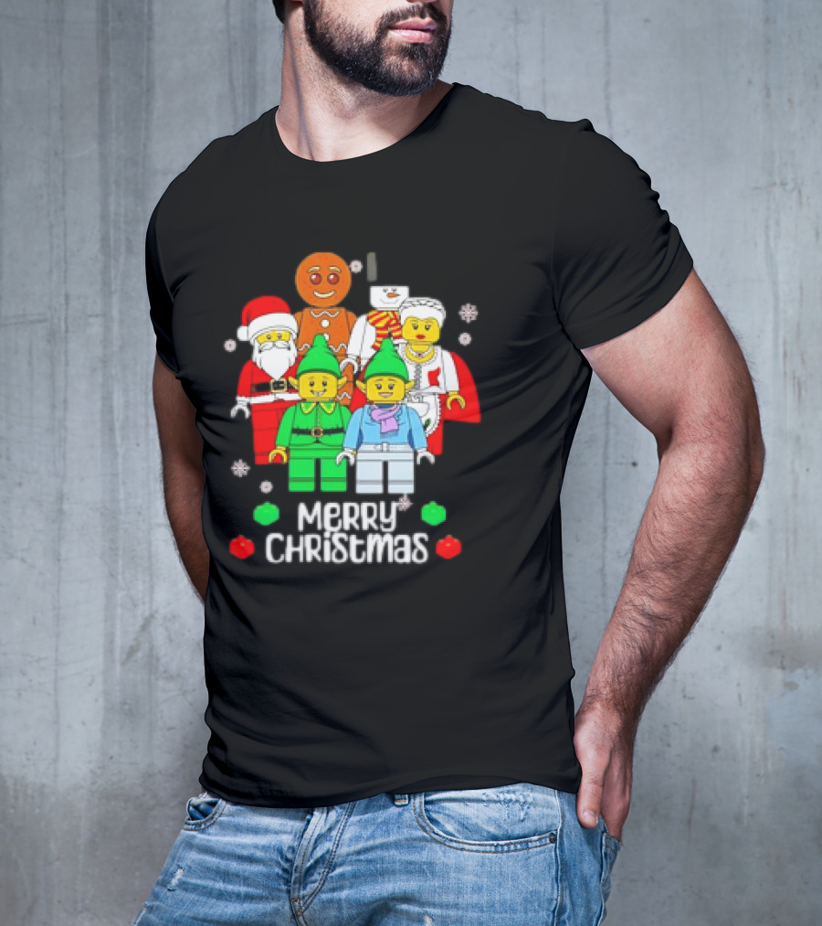 Merry Christmas Santa Elf Snowman Gingerbread Building Bricks Figures T-Shirt