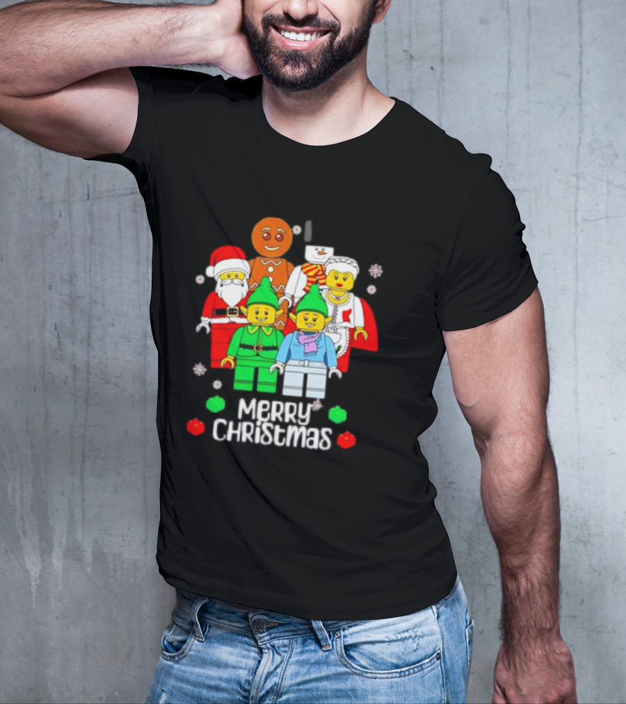 Merry Christmas Santa Elf Snowman Gingerbread Building Bricks Figures T-Shirt