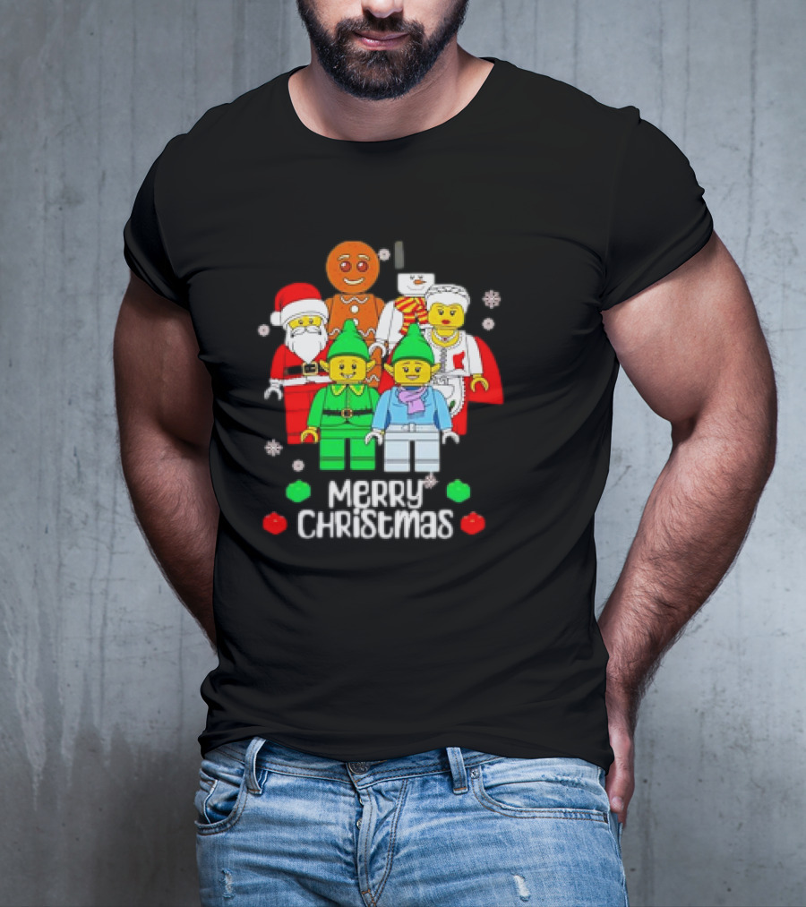 Merry Christmas Santa Elf Snowman Gingerbread Building Bricks Figures T-Shirt