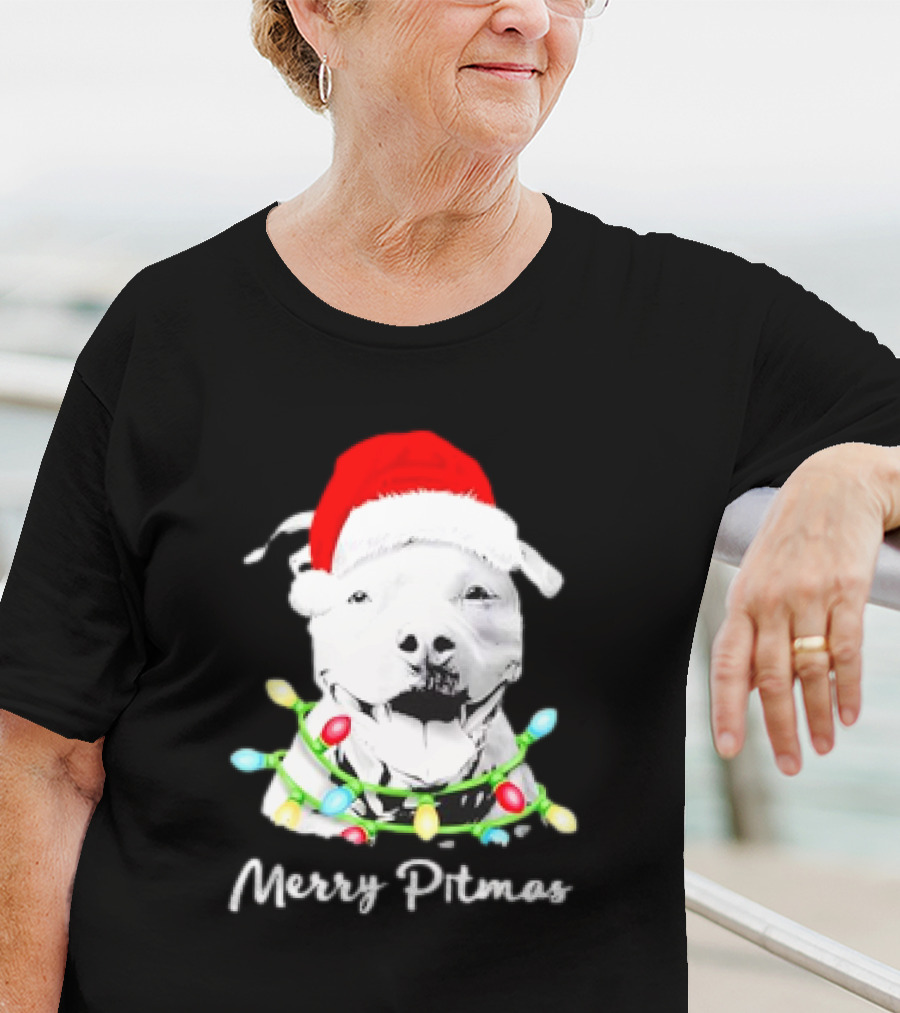 Merry Pitmas Pit Bull Santa With Christmas Tree Lights T-Shirt