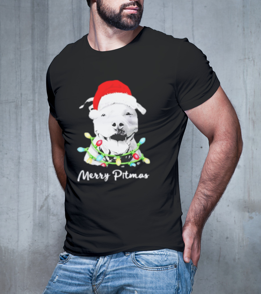 Merry Pitmas Pit Bull Santa With Christmas Tree Lights T-Shirt